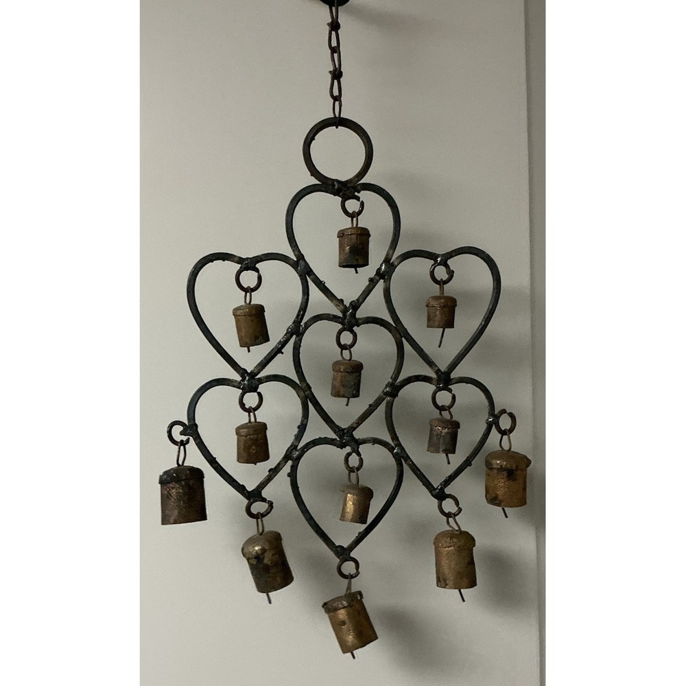 Vintage Handcrafted Rustic Metal Heart Wind Chime w/12 Cow Bells